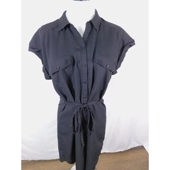 Express Dress Womens Medium Black Button Front Shirt Dress Belted Short Sleeve - Picture 4 of 12